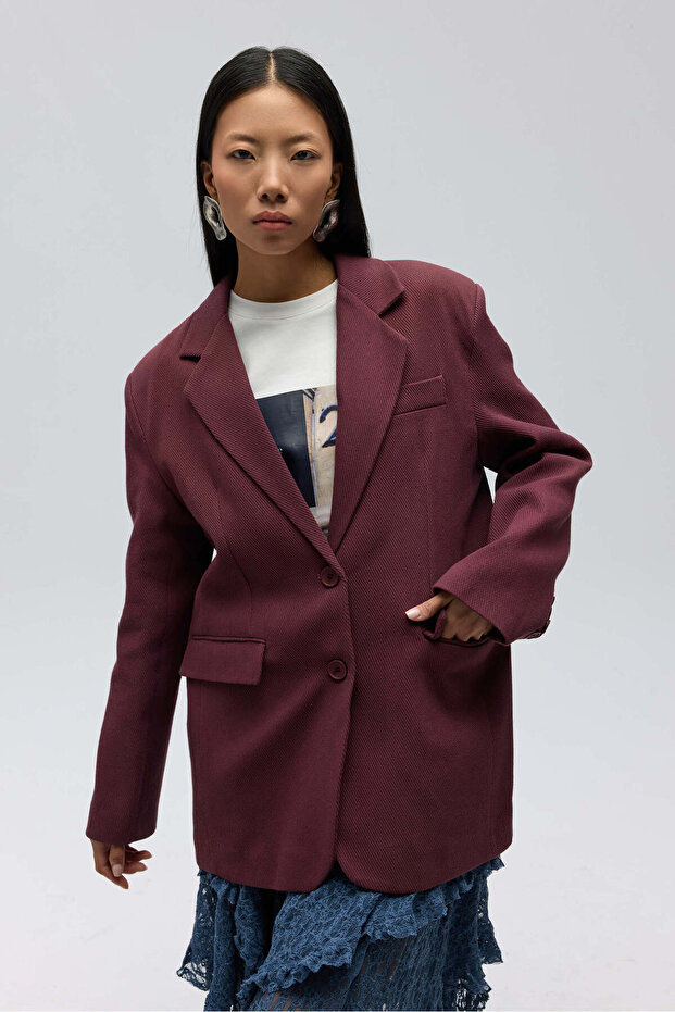 Symi Wide Cut Basic Claret Red Blazer - 2