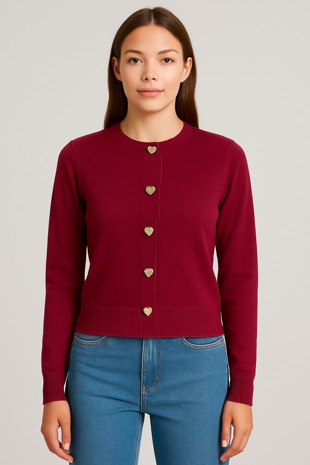 Women's Clothing Lycra Knitted Fabric Heart Button Detail Burgundy Color Knitwear Cardigan