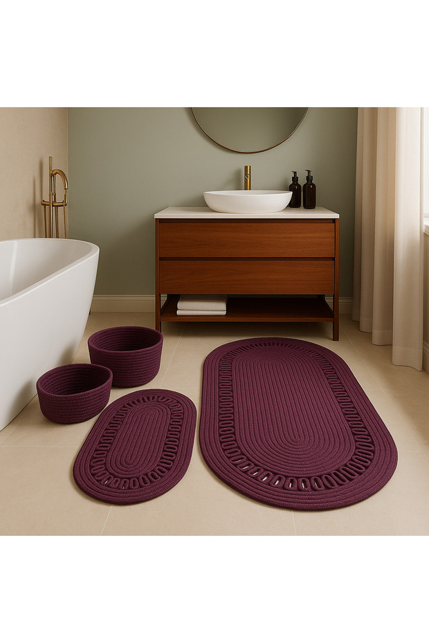 Terra 4-Piece Bathroom Set – 2 Oval Mats & 2 Oval Baskets, Natural Rope Weave, Handmade - Premium
