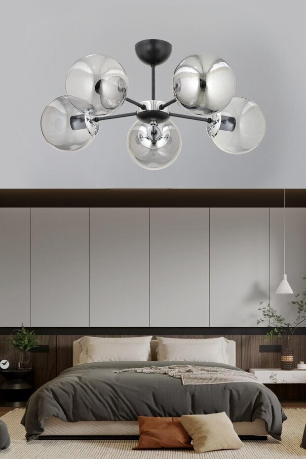 Güneş 5 Li Plafonyer Avize Füme Glob Camlı Salon Yatak Odası Mutfak - 3