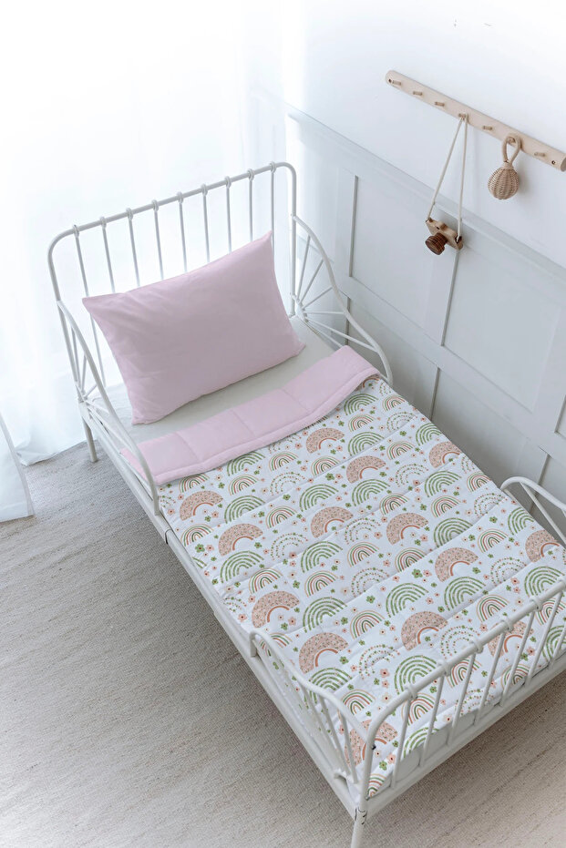 Organic Printed Montessori (100X200) Quilt Set - Iconic Series - Soft Floral Moon and Rainbow