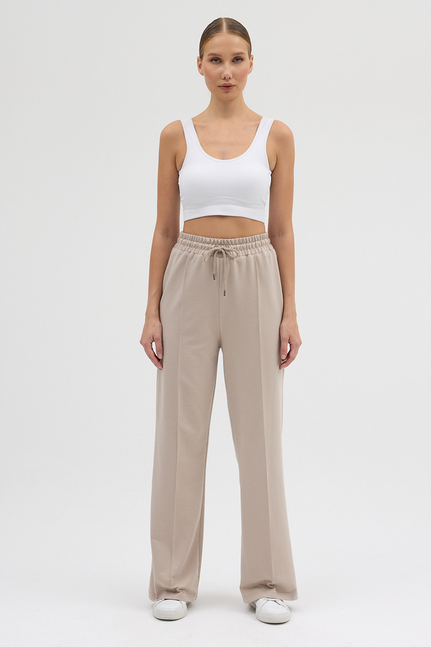 Women's Beige piped 2 Thread Wide Leg Elastic Waist Sweatpants