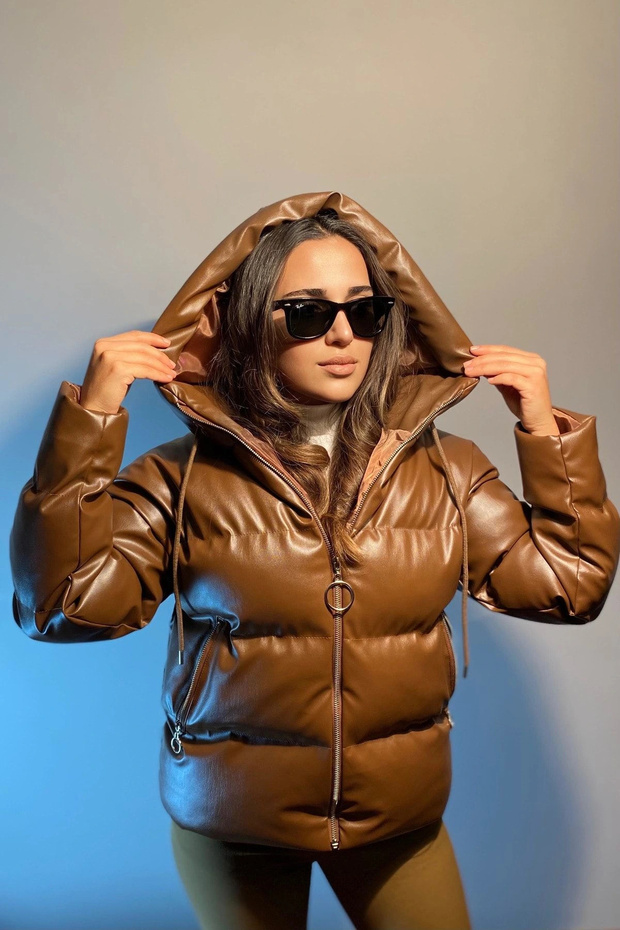 Women's Brown Leather Hooded Puffer Coat