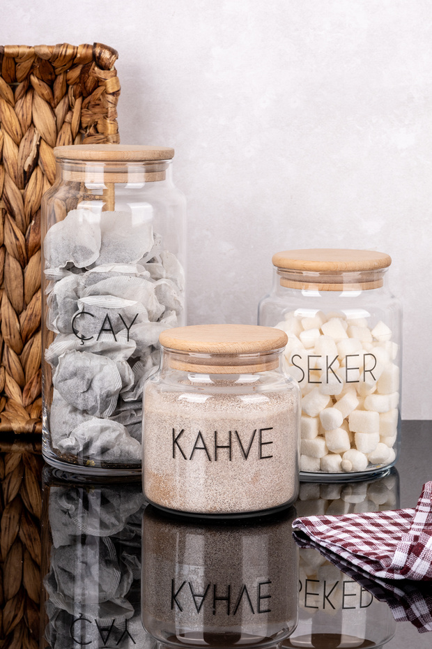 3-Piece Tea & Sugar & Coffee Jar Set Glass Storage Container with Wooden Vacuum Lid and Label 500-800-1300 ml