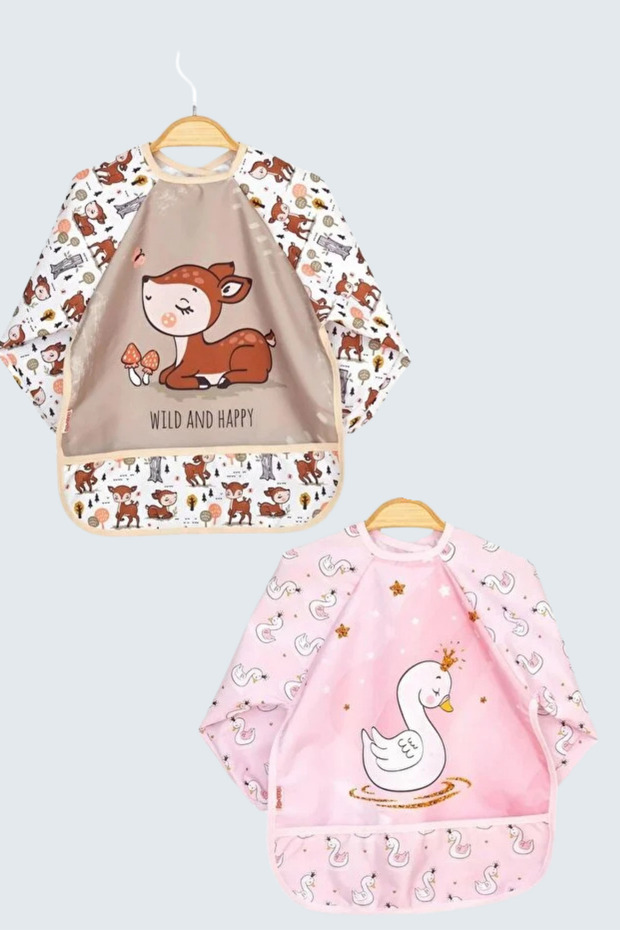 flandoly 2'li Takım Kuğu Ve Karaca Desenli Sıvı Geçirmez Uzun Kollu Mama Önlüğü Su Geçirmez Önlük