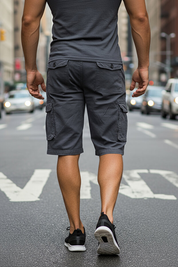 Likralı Gabardin Bermuda Şort - Erkek Şort - Kapri Şort- Gri - Antrasit - 2