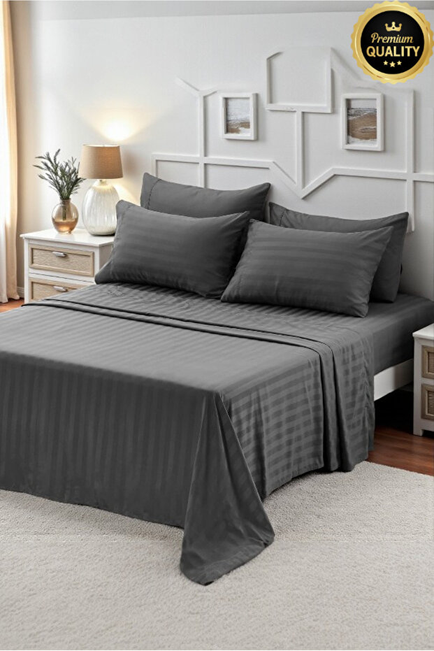 Striped Cotton Satin Double Duvet Cover Set with Elastic Sheets Hotel White Color Micro Luxury
