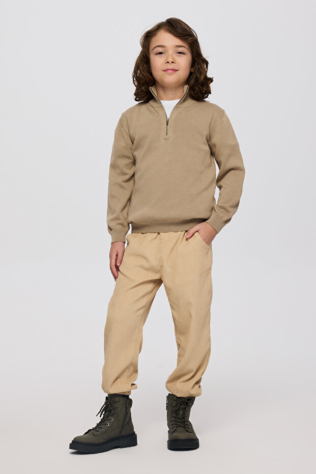 Boy's Stand Collar Half Zipper Beige Knitwear