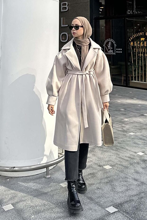 Balon Kol Örme Kaşe Kaban Bej - 2