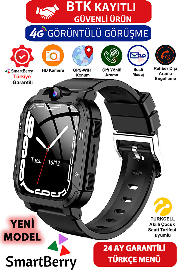 Z34 Görüntülü Görüşme Gps Wıfı Net Konum Gizli Dinleme Akıllı Çocuk Takip Saati Sim Kartlı - Siyah - 1