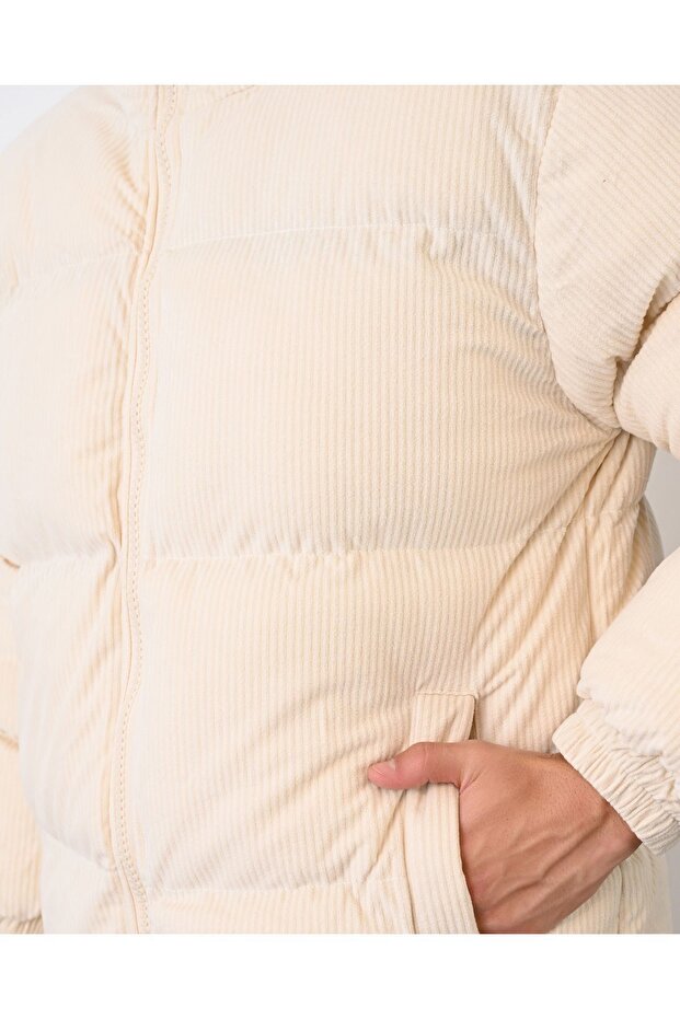 Kalın Krem Fitilli Kadife Şişme Mont - 5