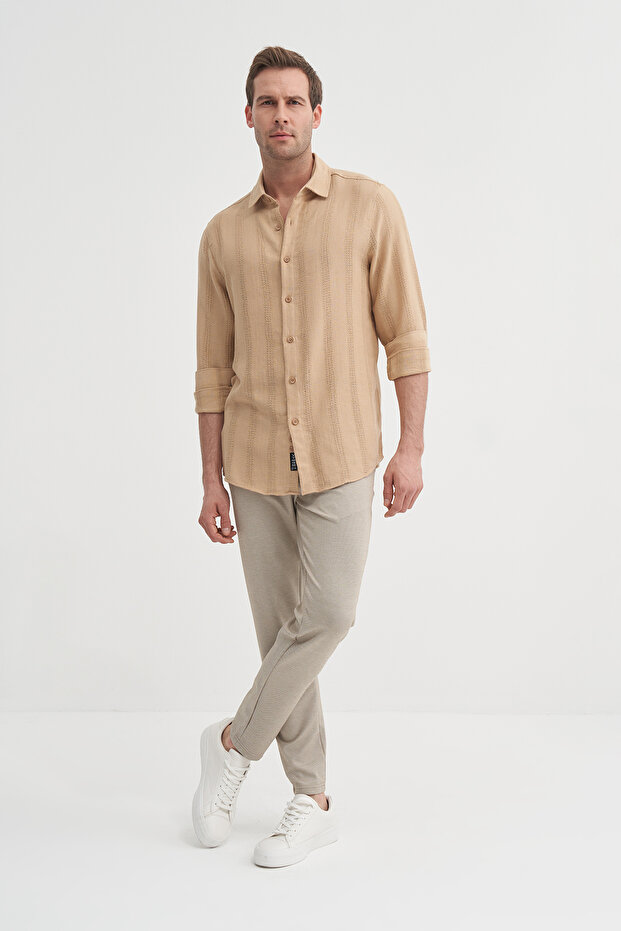 Regular Fit Woven Cotton Line Textured Long Sleeve Shirt