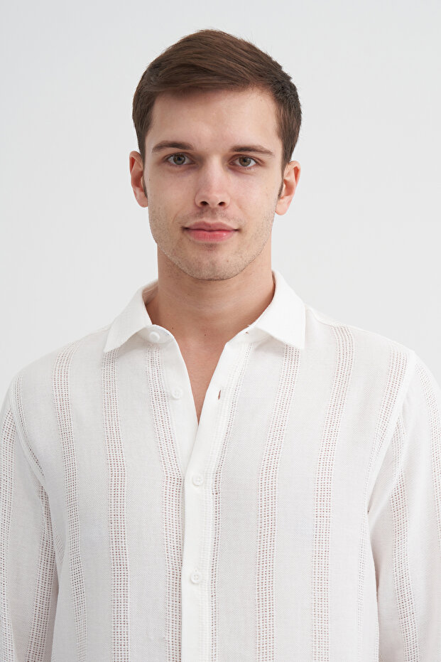 Regular Fit Woven Cotton Line Textured Long Sleeve Shirt