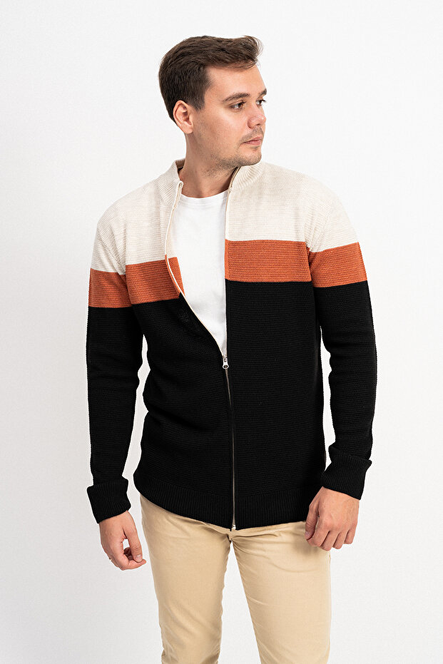 Color Block Zippered Men's Knitwear Cardigan