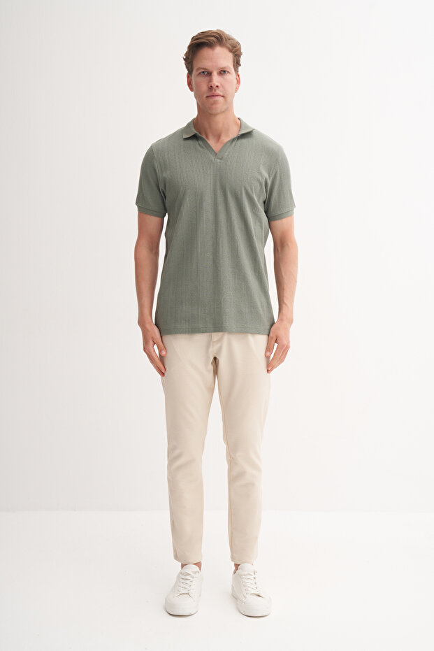 Polo Neck Regular Fit Cotton Textured T-Shirt