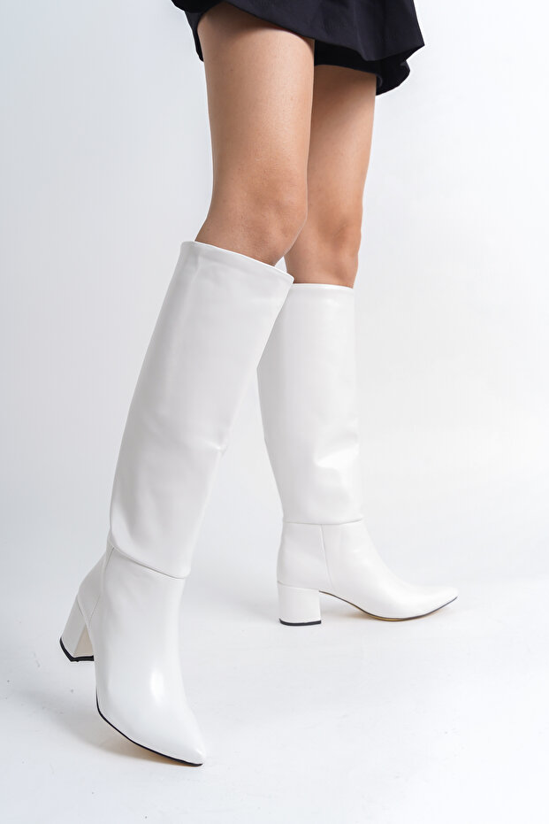 Miss solles women's zipperless white below knee high heeled boots