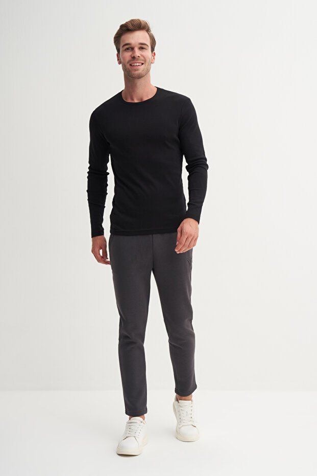 Ribbed Textured 100% Cotton Slim Fit Sweatshirt