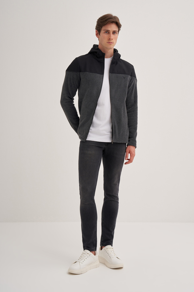 Kapüşonlu Polar Kumaş Basic Regular Fit Sweat Hırka - 1