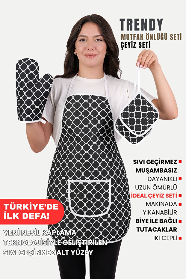 Trendy Set of 3 Liquid Waterproof Kitchen Apron, Heat Resistant Oven Gloves and Holder Set