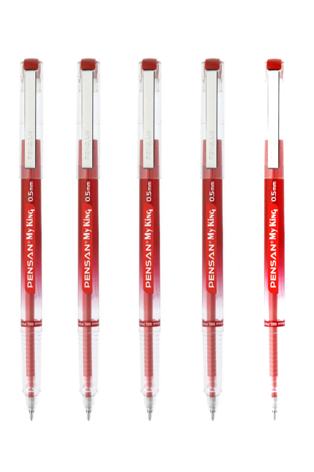 My King Needle Tip Metal Clip Gel Ballpoint Pen 0.5 mm Red - 5 Pcs