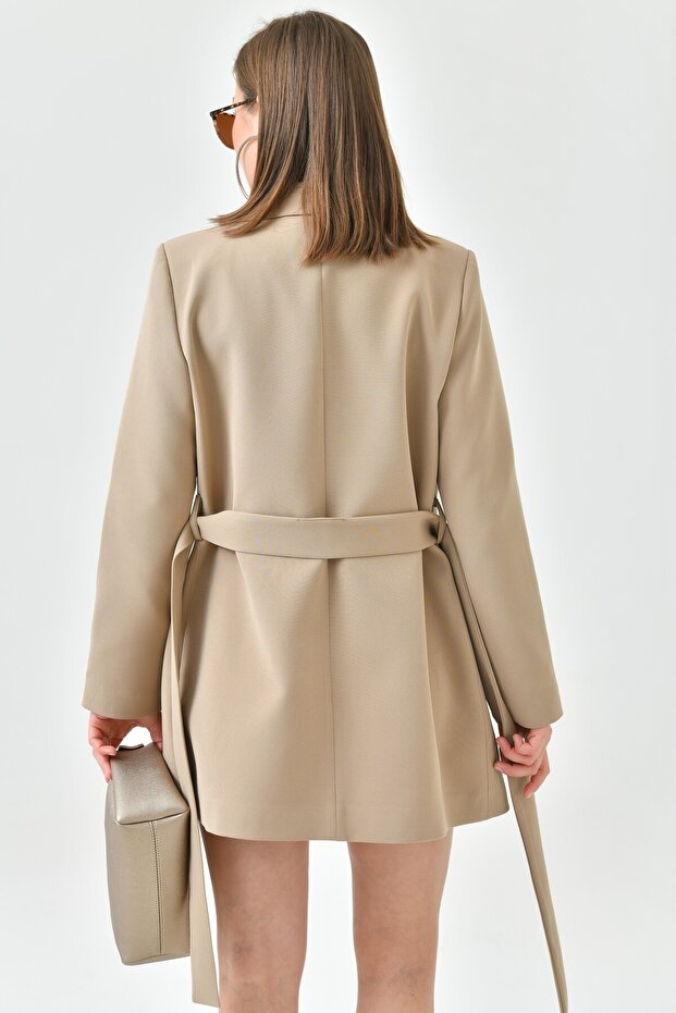 Vizon Kadın Tek Düğmeli Dokuma Kruvaze Blazer Ceket - Kuşaklı - 8