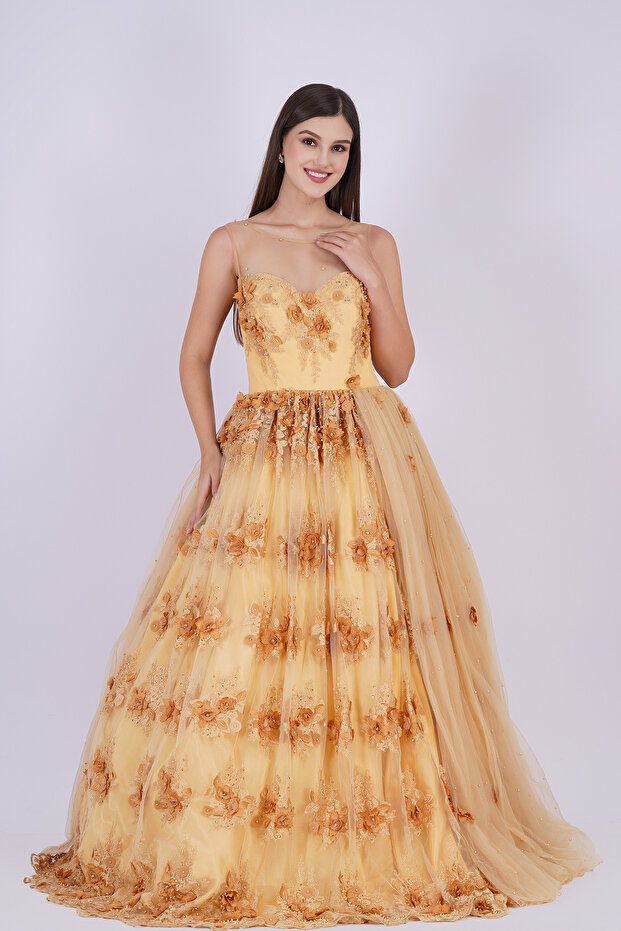 Long Gown in Desert Sand Gold Colour with Flowered Imported Mesh, Pearl Mesh Back & Tail