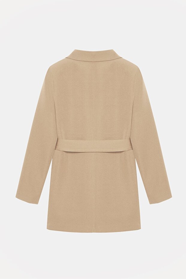 Vizon Kadın Tek Düğmeli Dokuma Kruvaze Blazer Ceket - Kuşaklı - 6