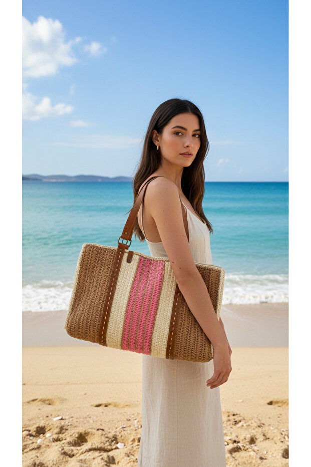 Pembe Şeritli Plaj Çantası - 1