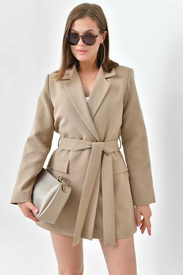 Vizon Kadın Tek Düğmeli Dokuma Kruvaze Blazer Ceket - Kuşaklı - 7