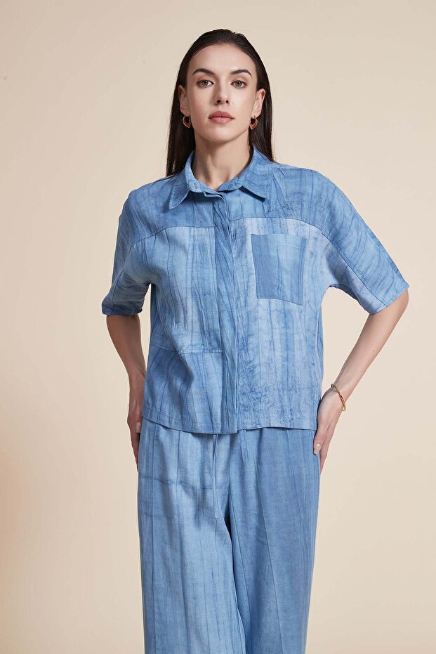 بلوزة سادة بأكمام قصيرة مكشكشة - 1