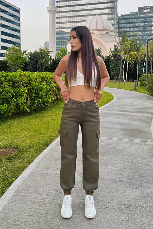 Haki Kargo Cepli Gabardin Kumaş Pantolon - 7