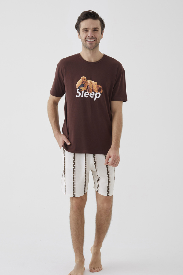 Men's Short Sleeve Cotton Teddy Bear Print Shorts Pajamas Set