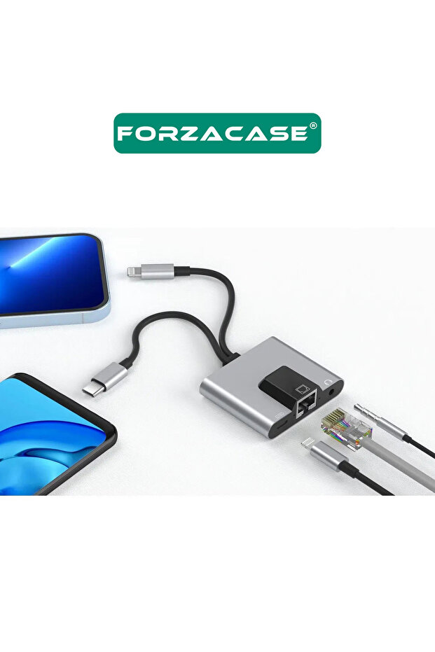 3 in 1 Lightning & Type-C to Ethernet Adaptörü RJ45, AUX, Şarj Destekli Çevirici - FC1083 - 2