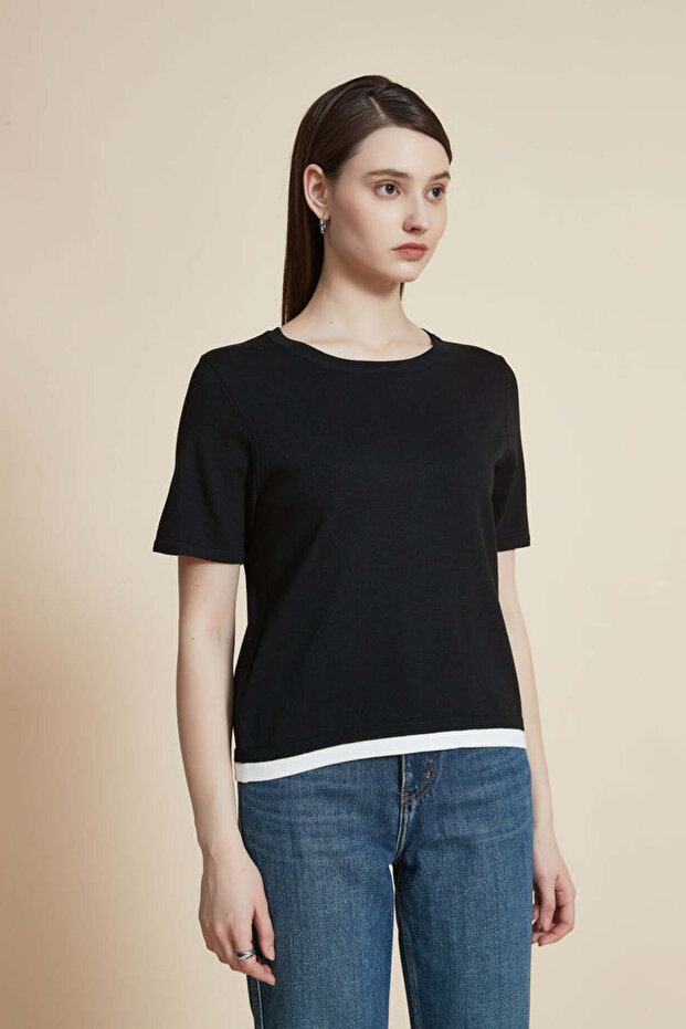 بلوزة سادة مضلعة بأكمام قصيرة - 5