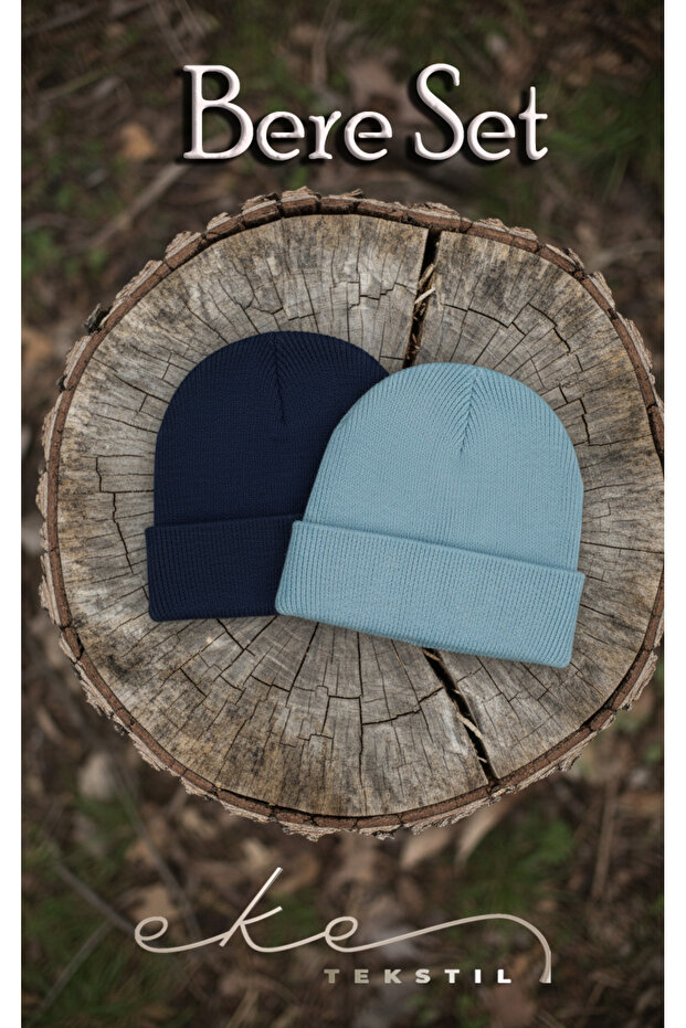 Unisex Folded Beret Baby Blue Navy Blue 2-Piece Beret Set