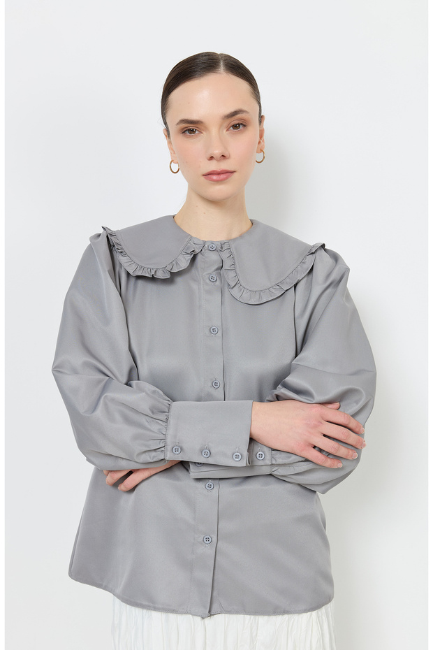 Fırfır Yaka Gri Basic Gömlek - 1