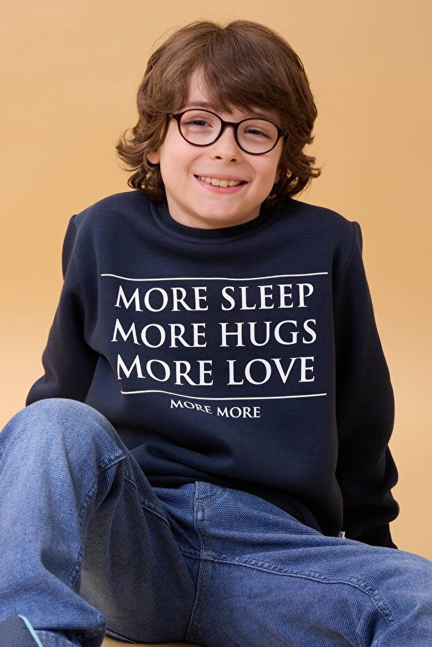 Unisex Children's Crew Neck Sweatshirt with Print Detail and Fleece Inside – Navy Blue