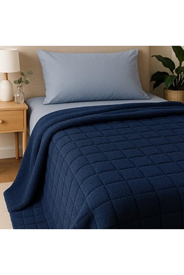Jacquard Sherpa Blanket – Double (200x220 cm) – Square Embossed, Navy Blue
