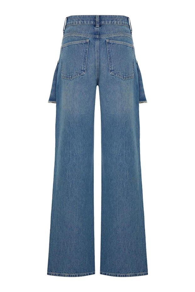 Mavi %100 Pamuk 2 Parça Görünümlü Bel Detaylı Kot Pantolon - 7