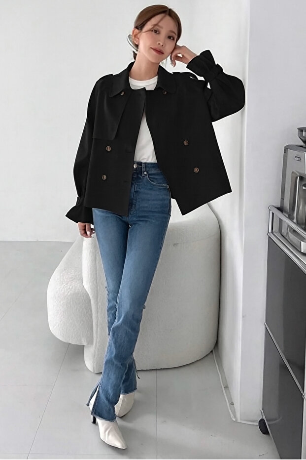 Biker Tarzı Kısa siyah Trenç - 3