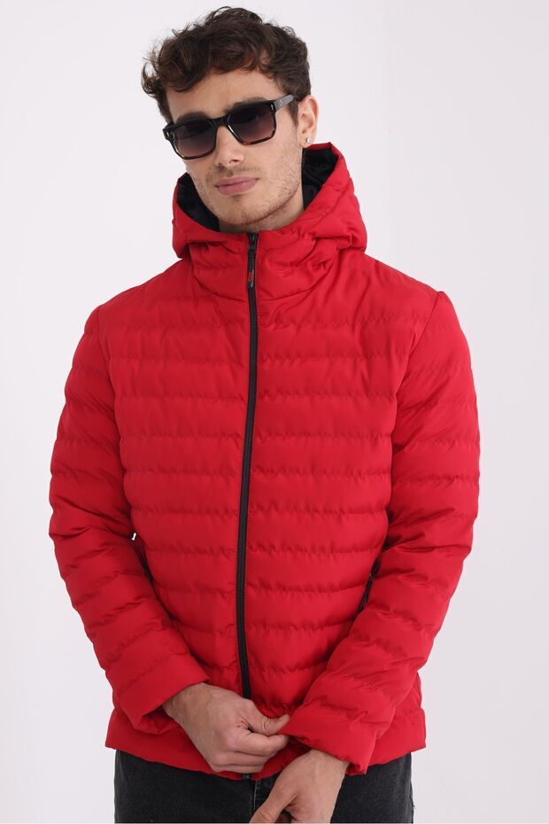 Men's Red Lined Windproof Hooded Winter Jacket - 3