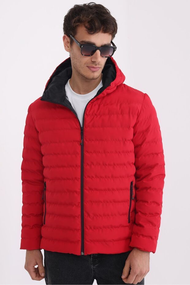 Men's Red Lined Windproof Hooded Winter Jacket - 4