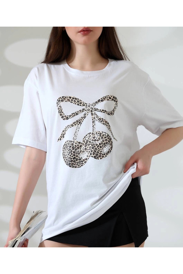 Leopard Patterned Cherry Printed T-Shirt - 3