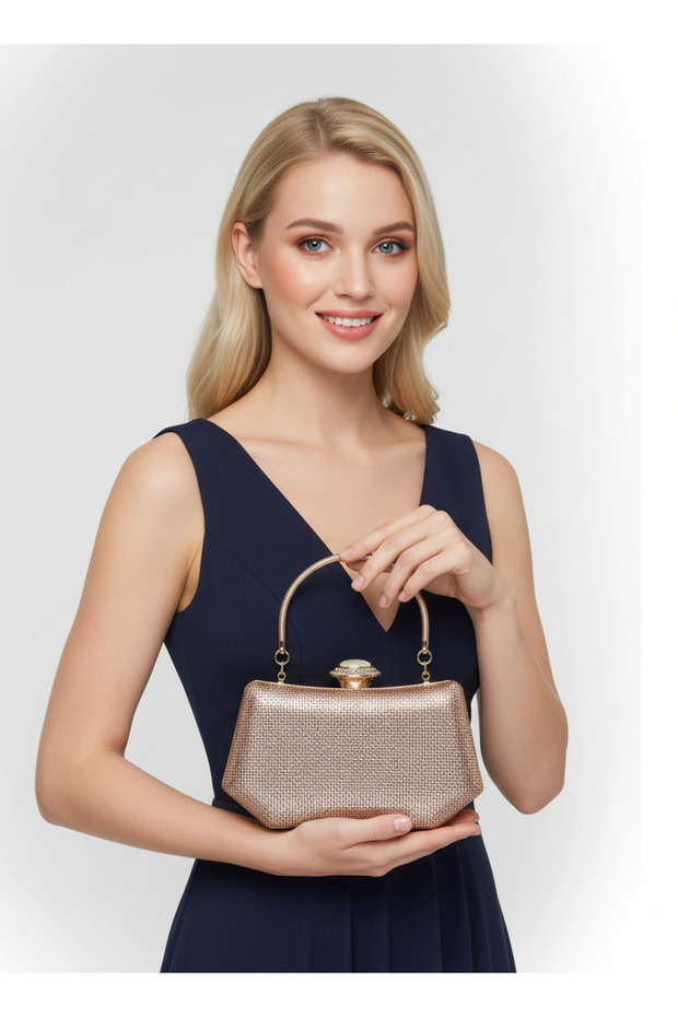 Gold Gold Color Stone Pearl Detailed Handle Women's Evening Dress Bag Wedding Engagement Graduation