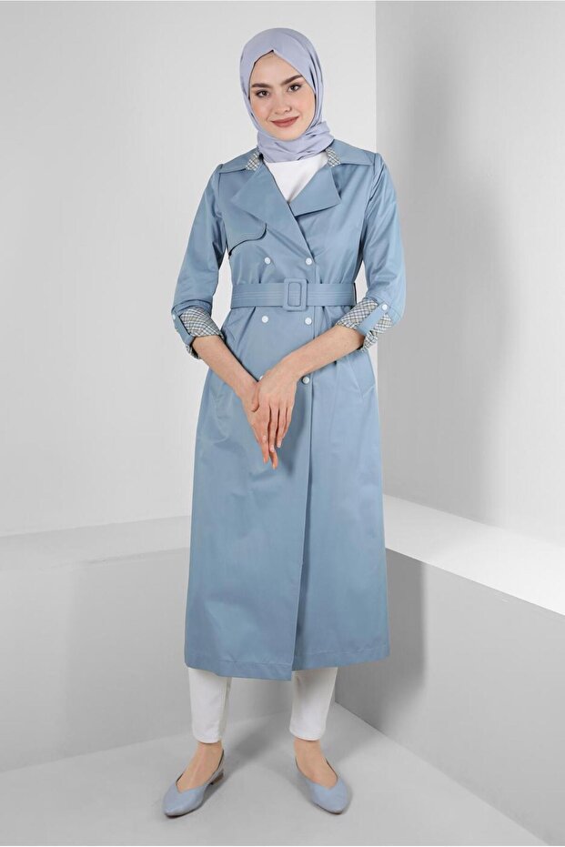 PLAID DETAILED BELTED STRAP TRENCH COAT 10743