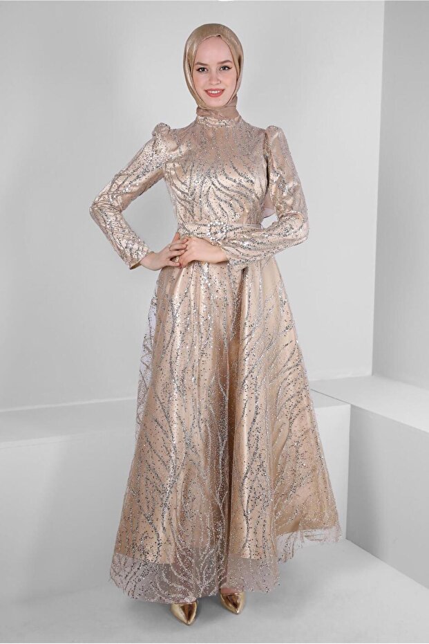 BELTED PUL SEQUIN EMBROIDERED EVENING DRESS 50311