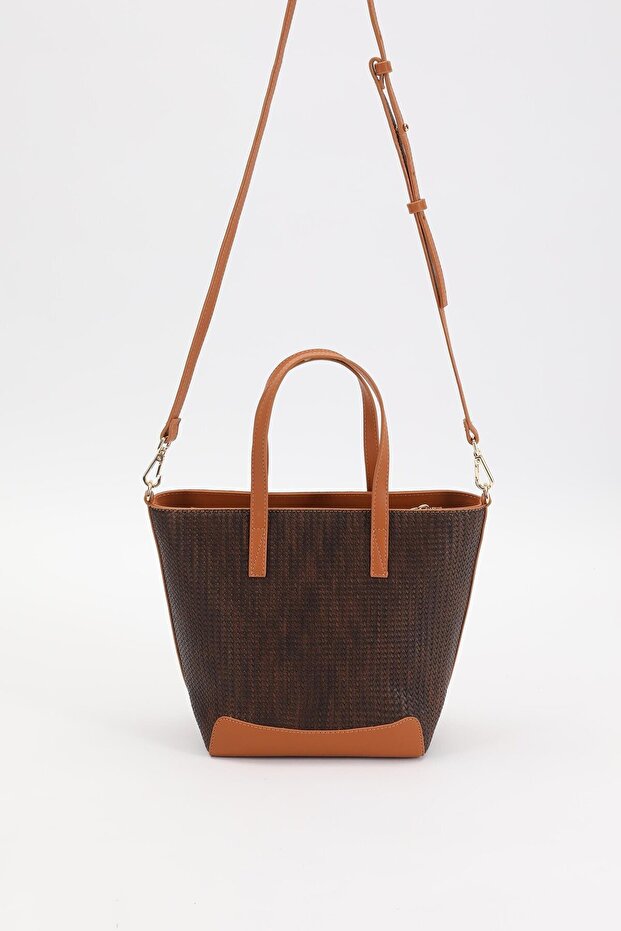 Brown Straw Pattern Look Handbag - 7