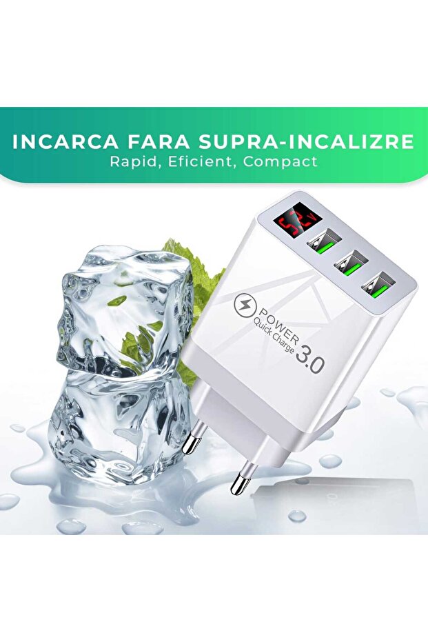 Încărcător de rețea, 3 porturi, încărcare rapidă 15W, 3 x USB, LED de tensiune, alb - 5