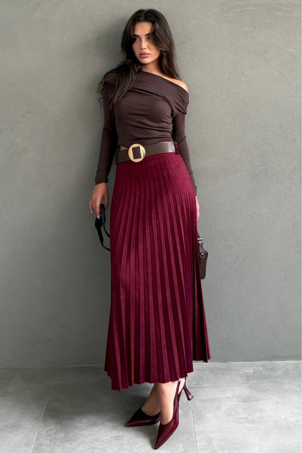 Burgundy Pleated Belted Long Suede Women's Skirt Mg2576