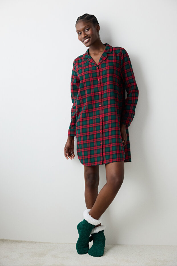 New York Yeşil Checked Çok Renkli Gömlek Elbise Gecelik - 3